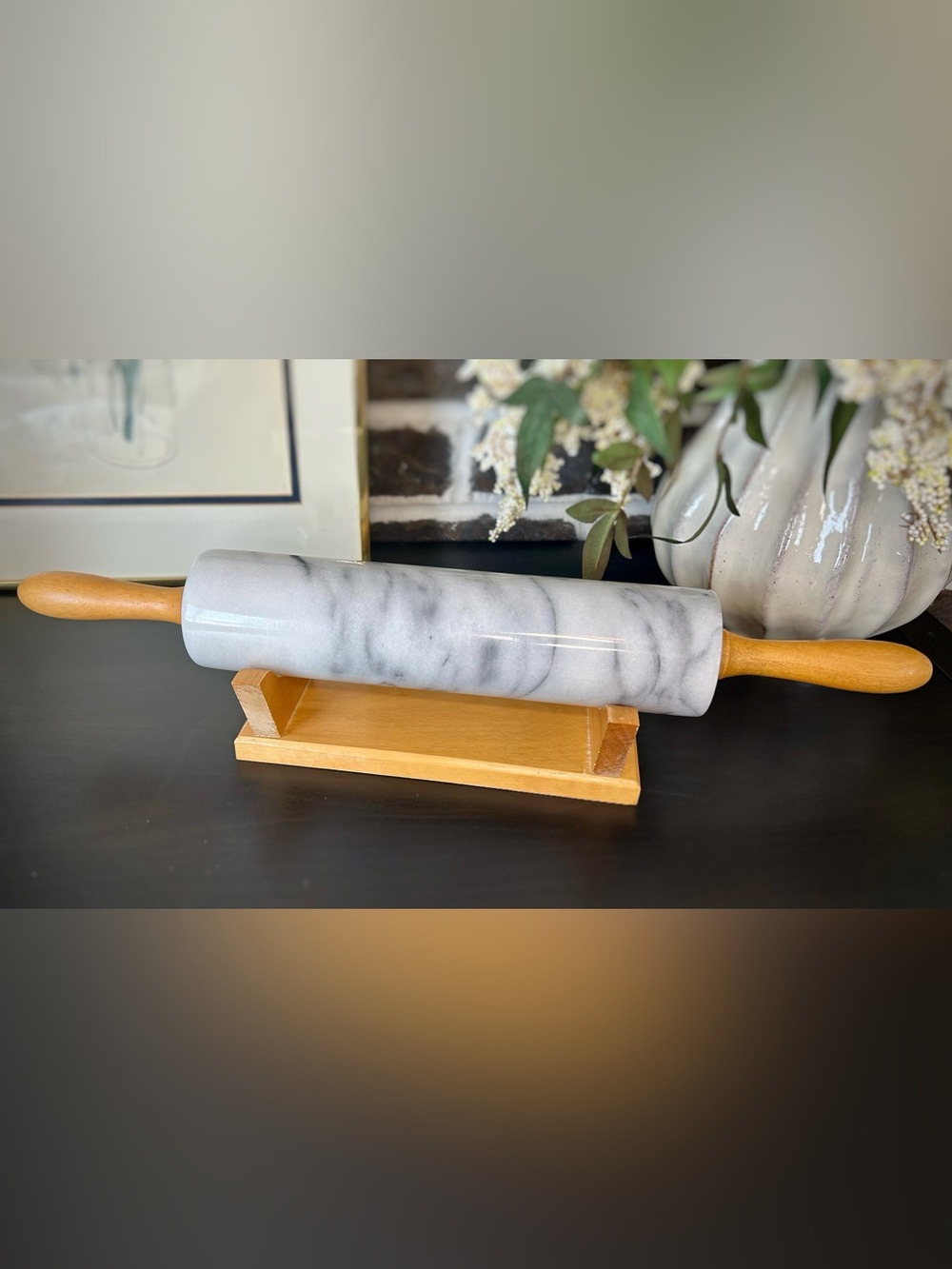 Vintage Marble Rolling Pin with Wooden Handles, Includes Stand | Heavy Pastry To